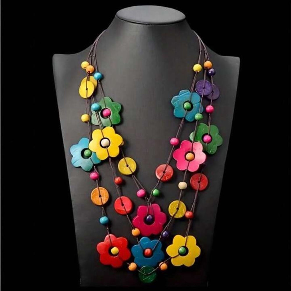 New!!Handmade Boho Multi-Layered Wooden Bead Necklace.